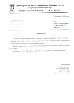List referencyjny dla Vinci